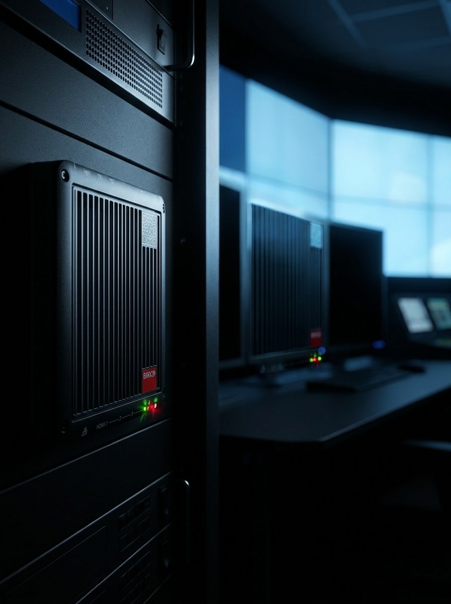 Barco CTRL Node im Rack einer abgedunkelten Leitstelle, Videowand im Hintergrund