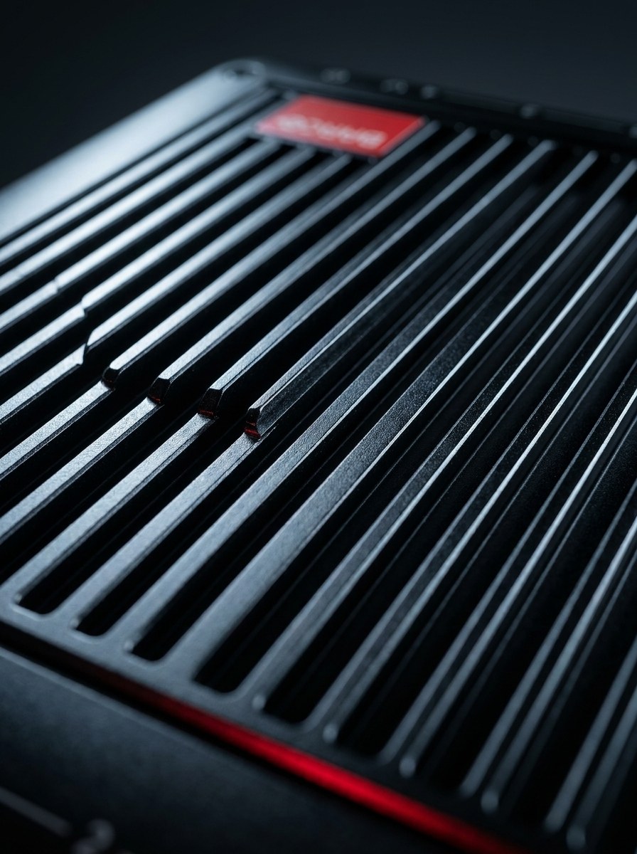 Extreme Makroaufnahme der gefrästen Kühlrippen eines Barco CTRL Node