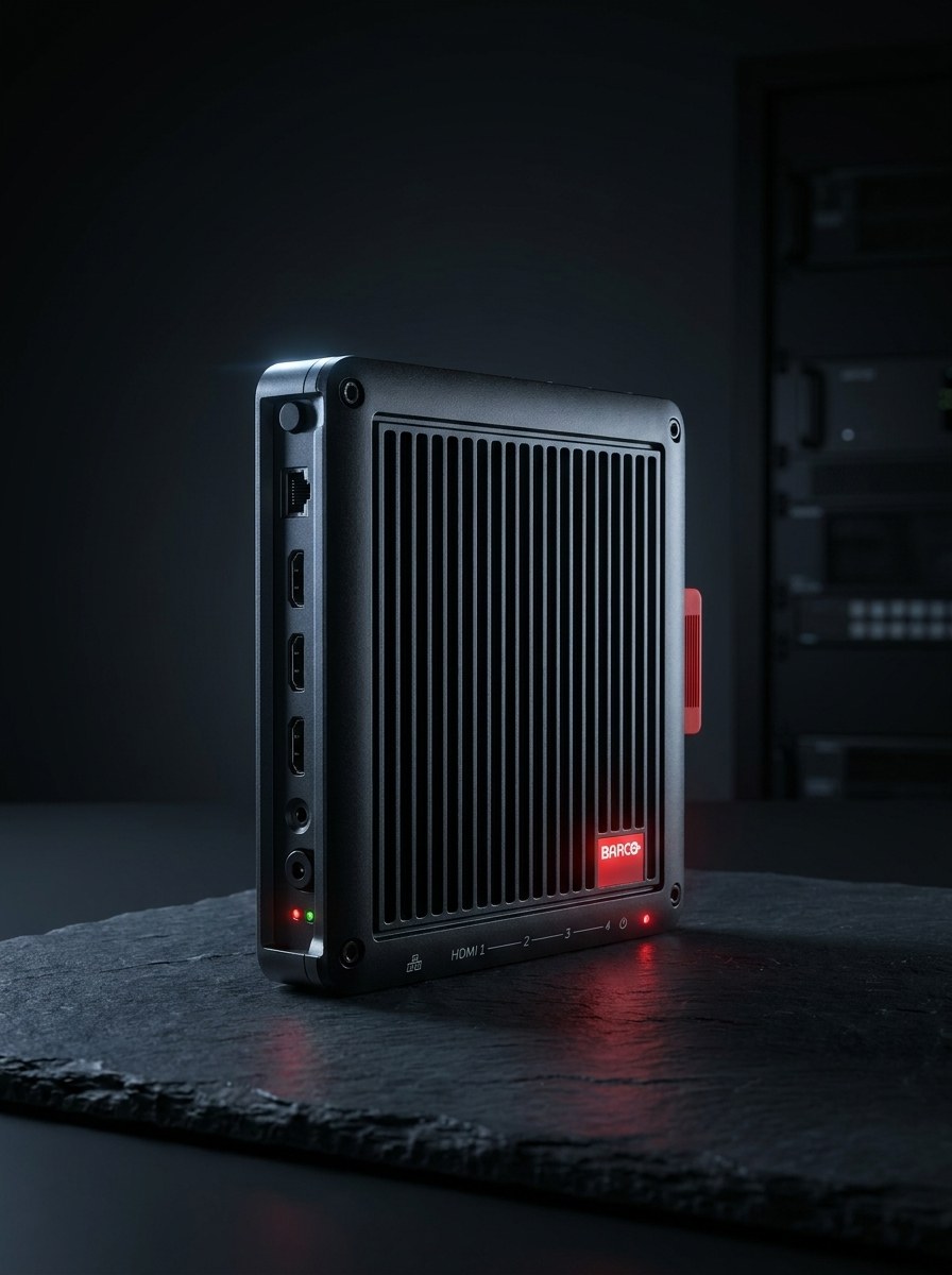 Barco CTRL Node stehend auf dunkler Schieferfläche, HDMI-Anschlüsse und rote Status-LED sichtbar